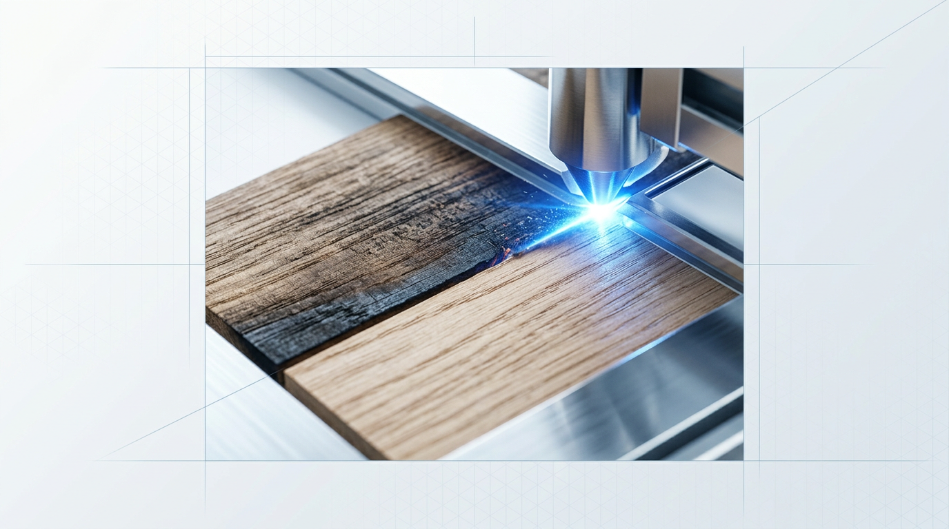 Close-up of wood surface showing sharp transition between dark degraded coating and bare wood below, with electric blue laser line at the contact point demonstrating precision ablation.