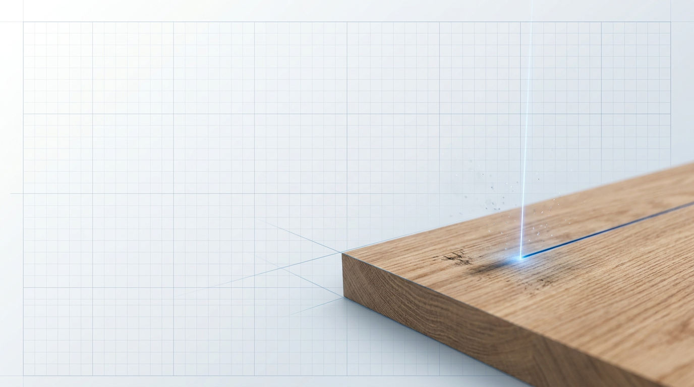 Soft-lit wooden surface with subtle electric blue laser line creating gentle ablation marks and glow at contact point, set against clean off-white gradient background with faint technical grid pattern.
