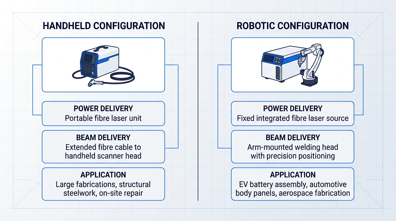 Two-column comparison of laser welding configurations: handheld fibre laser unit with extended cable on left, robotic arm-mounted welding head on right, with equipment illustrations and labeled specifications for power delivery, beam delivery, and applications.