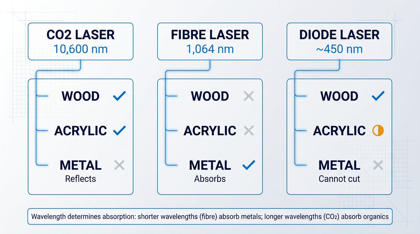 Three-column comparison infographic showing CO2, fibre, and diode laser wavelengths and their material absorption properties: CO2 (10,600 nm) cuts wood and acrylic but reflects off metal; fibre (1,064 nm) cuts metal but is transparent to wood and acrylic; diode (~450 nm) cuts wood with limited acrylic capability but cannot cut metal.