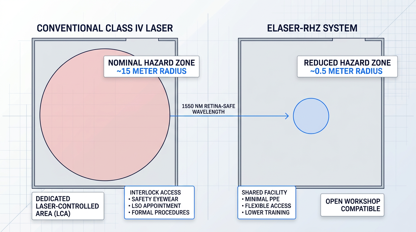 Side-by-side floor plan comparison showing conventional Class IV laser with large 15-meter hazard zone versus ELASER-RHZ with reduced 0.5-meter hazard zone, illustrating facility planning implications.