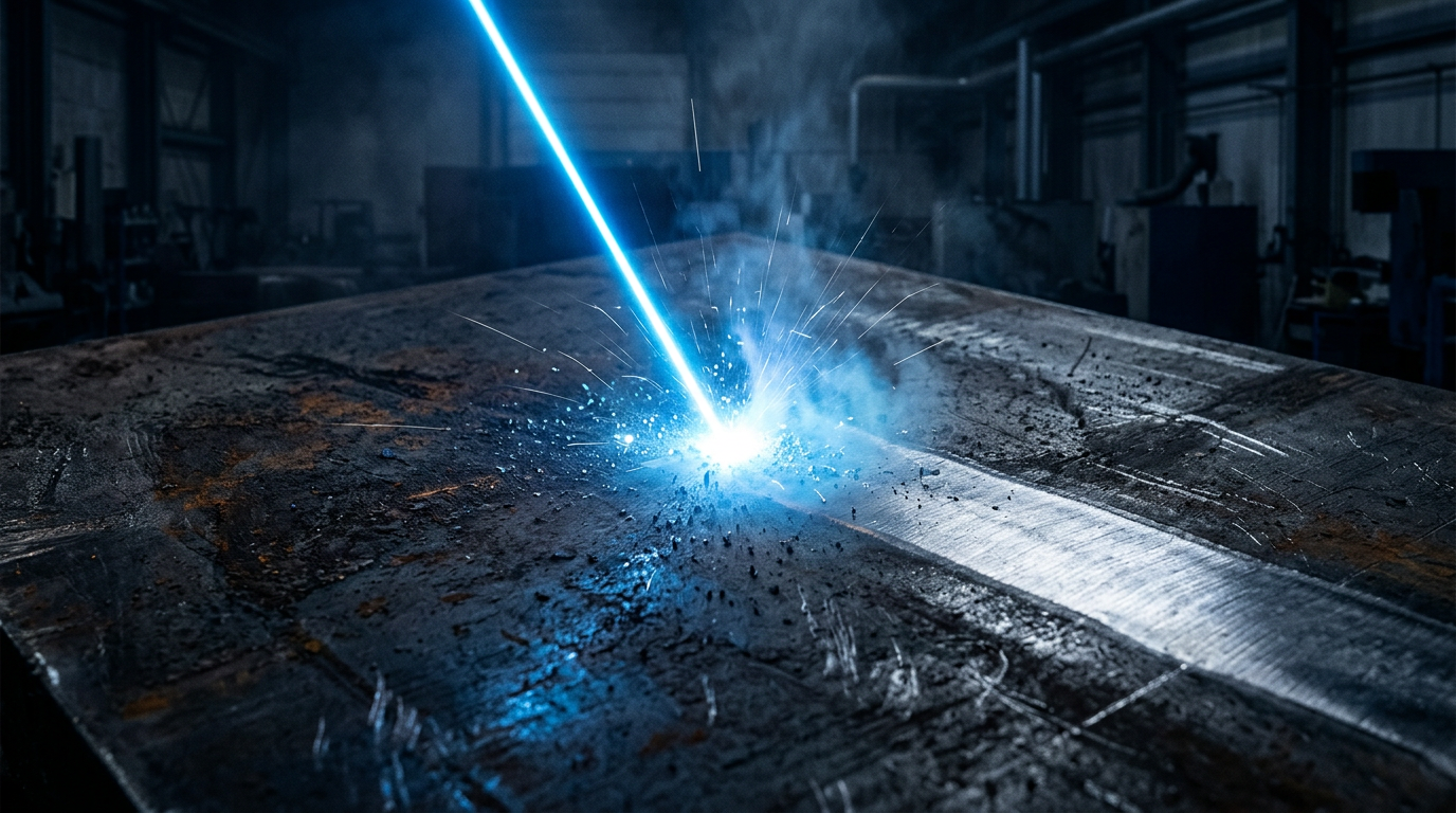 High-powered electric blue laser beam striking dark industrial metal surface, with clean bare metal visible at contact point and oxidized surface surrounding the interaction zone.