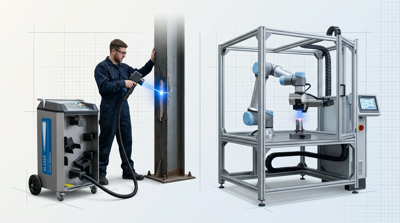 Side-by-side comparison of portable ELASER laser cleaning unit with handheld scanner on left cleaning a metal structure, and automated AutoLASE robotic cell on right cleaning a precision component inside an enclosed work envelope.