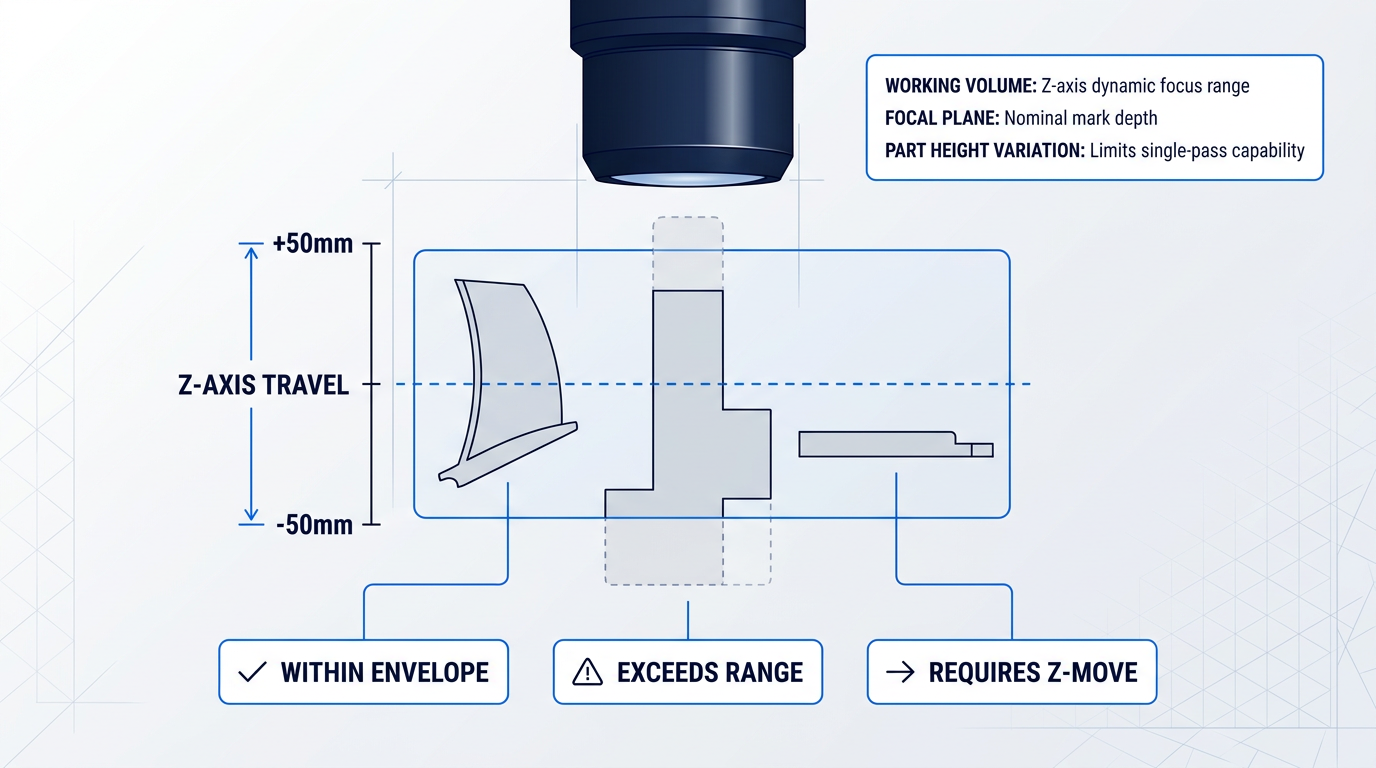 Cross-section diagram of 3D laser marking system working volume showing Z-axis travel range of ±50mm around focal plane, with three part profiles demonstrating parts that fit within envelope, exceed range, and require repositioning.