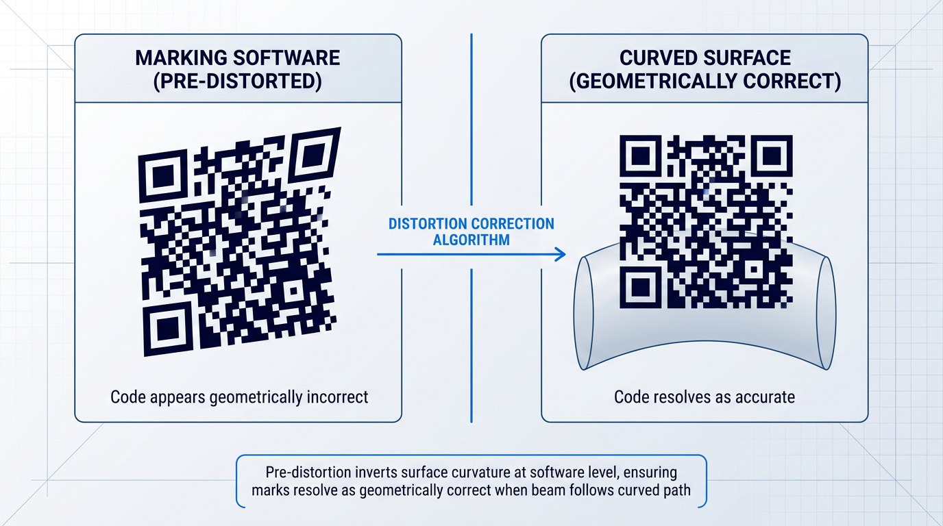 Side-by-side comparison showing Data Matrix code appearing warped and stretched on the left (pre-distorted in marking software) and the same code rendered geometrically correct and square on the right (resolved on curved surface), with distortion correction algorithm flow connecting them.