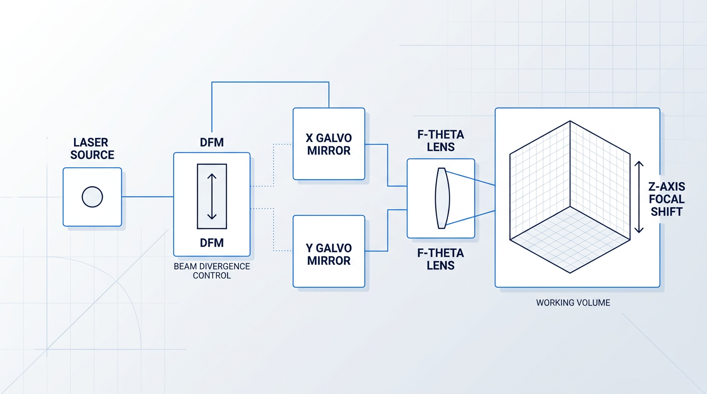 Technical architecture diagram of a 3-axis galvo scanning system showing laser source, dynamic focusing module with axial travel range, X and Y galvo mirrors, f-theta lens, and 3D working volume with Z-axis focal shift capability below the lens.