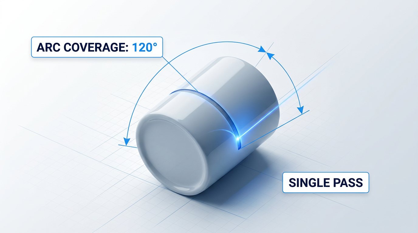 Cylindrical white ceramic tumbler marked by electric blue laser beam across 120-degree arc in single pass, with technical annotation showing arc coverage angle and single-pass marking capability.