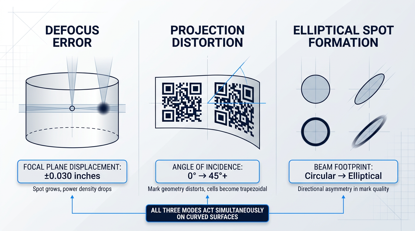 Three-column technical infographic comparing failure modes of laser marking on curved surfaces: defocus error showing expanding beam spot outside focal plane, projection distortion showing Data Matrix cells stretching to trapezoidal shapes, and elliptical spot formation showing circular beam becoming elongated at oblique incidence.