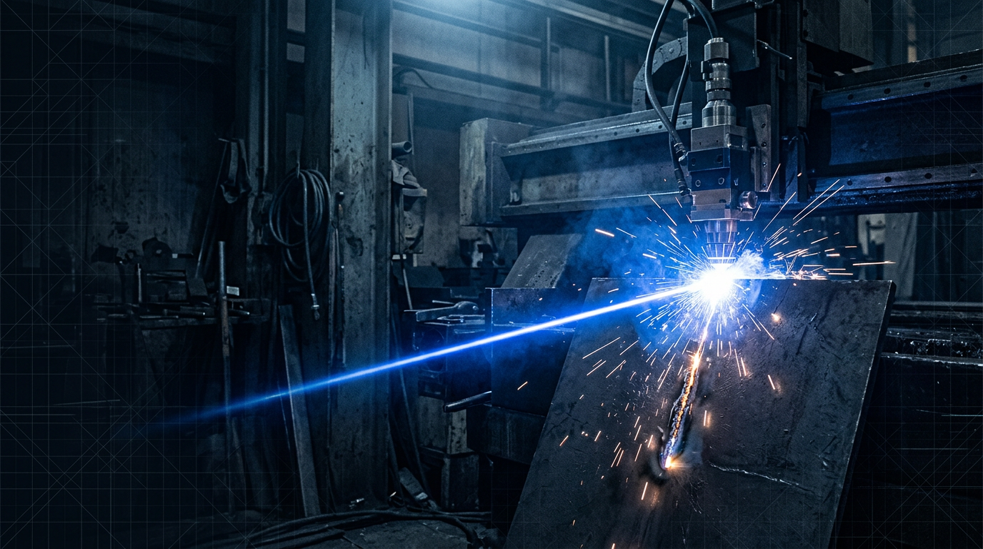 Dark industrial workshop with focused electric blue laser beam striking a metal surface at center-right, creating visible ablation particles and molten spray against weathered machinery and atmospheric haze.