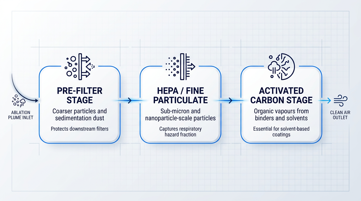 Three-stage filtration flow diagram for laser paint removal extraction: pre-filter captures coarser particles, HEPA stage removes sub-micron and nanoparticles, activated carbon adsorbs organic vapours, with contaminant stream entering left and clean air exiting right.