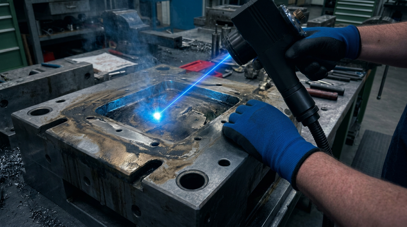 Dark industrial workshop with a laser beam striking a metal surface, producing a bright electric blue glow at the ablation point where coating is being removed, with clean bare metal visible beside the degraded surface.
