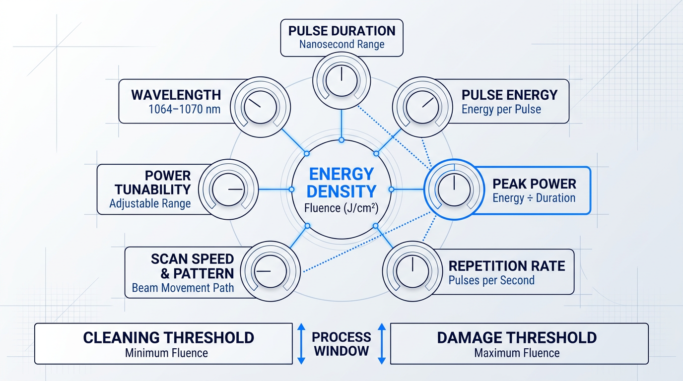 Circular diagram showing seven laser parameters (wavelength, pulse duration, pulse energy, peak power, repetition rate, power tunability, scan speed and pattern) radiating from central energy density hub, with connector lines showing interdependencies and process window threshold bands below.
