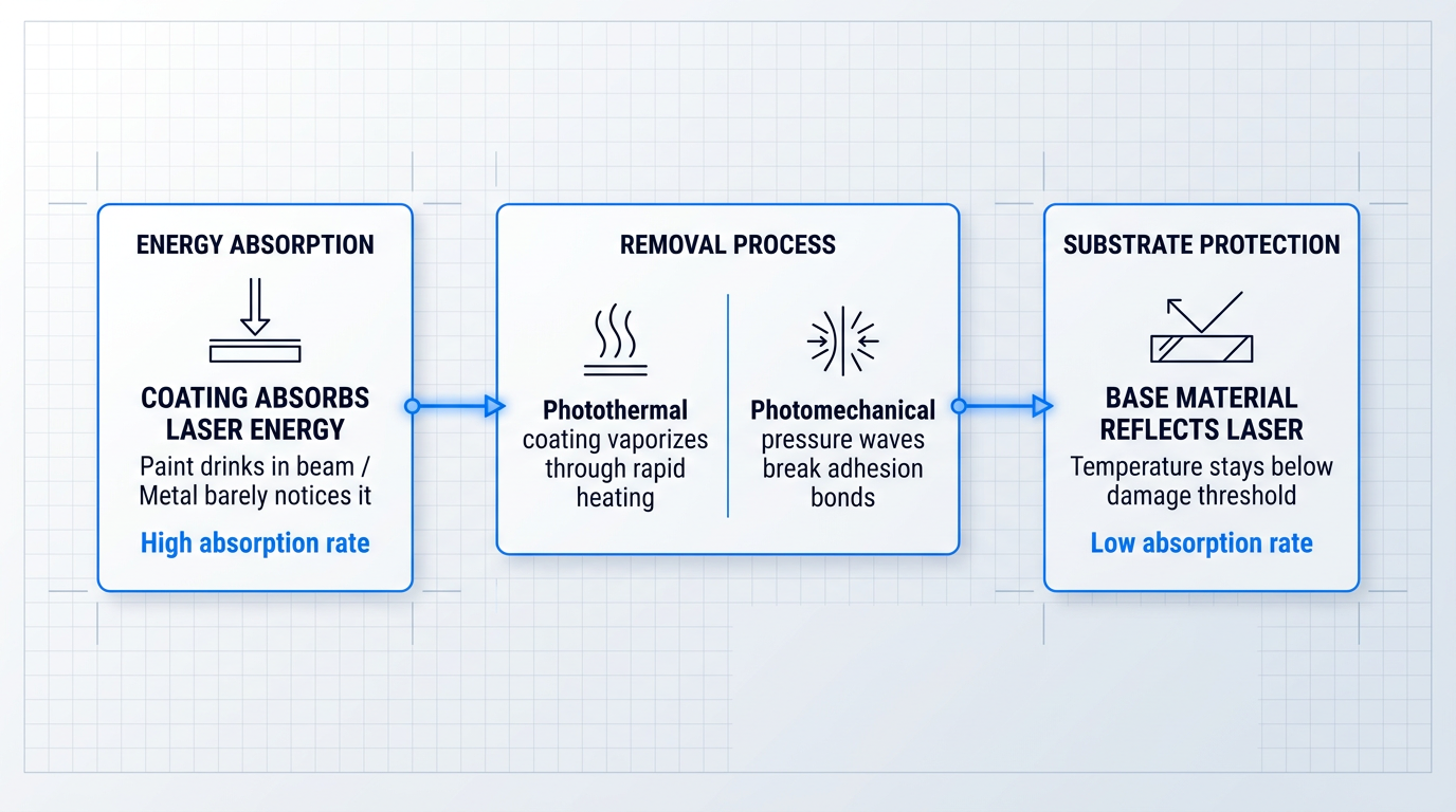 Three-stage horizontal process flow showing laser ablation mechanism: energy absorption by coating, dual removal processes (photothermal and photomechanical), and substrate protection through low laser absorption.