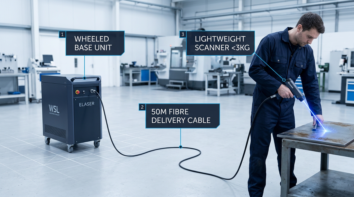 Portable laser paint removal machine in active use: wheeled base unit on left, 50m fibre cable extending across floor, technician in coveralls on right holding lightweight scanner directed at metal workpiece with electric blue laser beam visible at contact point.