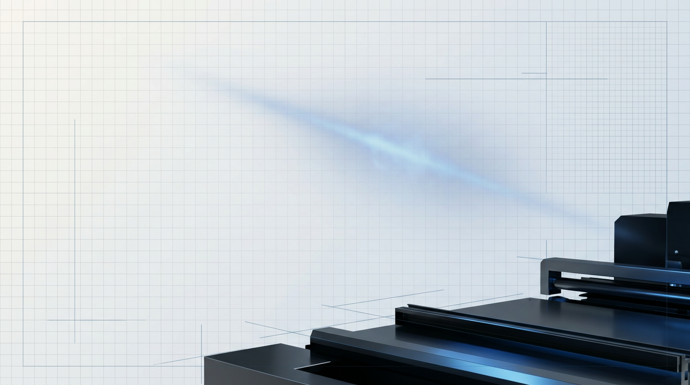 Dark industrial workspace with diffused electric blue laser light scatter drifting through upper-middle frame, suggesting precision laser technology readiness
