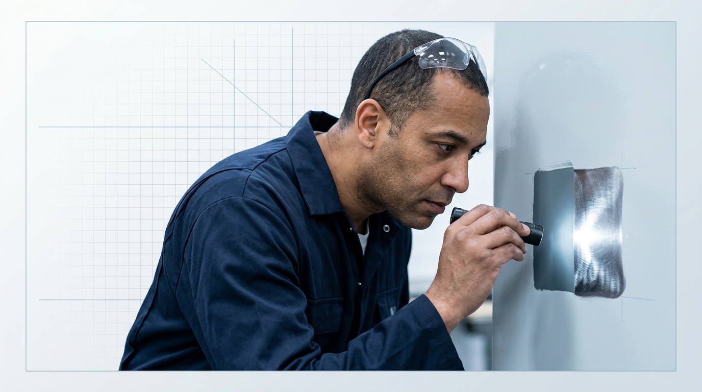 Engineer in navy coveralls inspecting a freshly-cleaned test patch on painted metal surface, examining the sharp boundary between remaining paint and bare substrate under raking light.