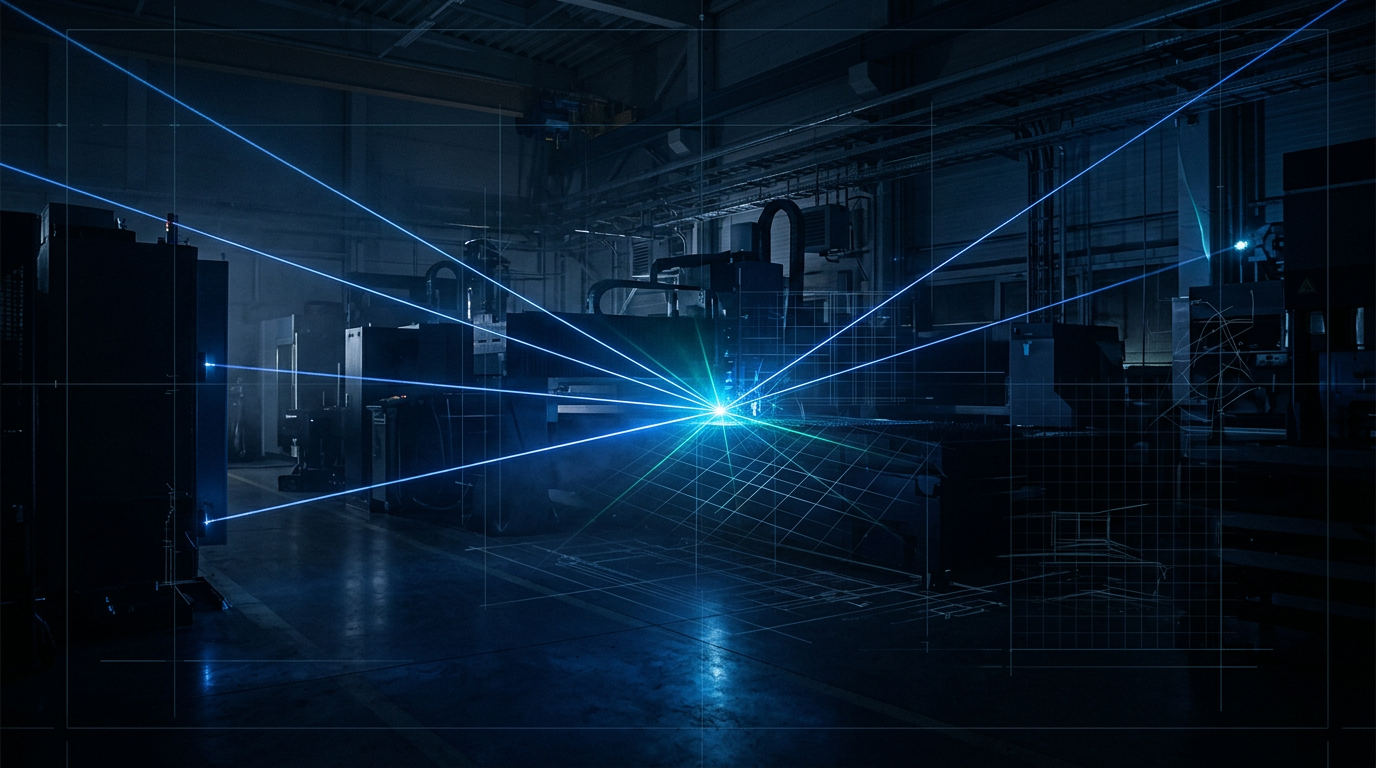 Dark industrial manufacturing facility with electric blue laser beam traces and cyan glow effects cutting through the atmosphere, overlaid with faint geometric grid patterns suggesting technical blueprints.
