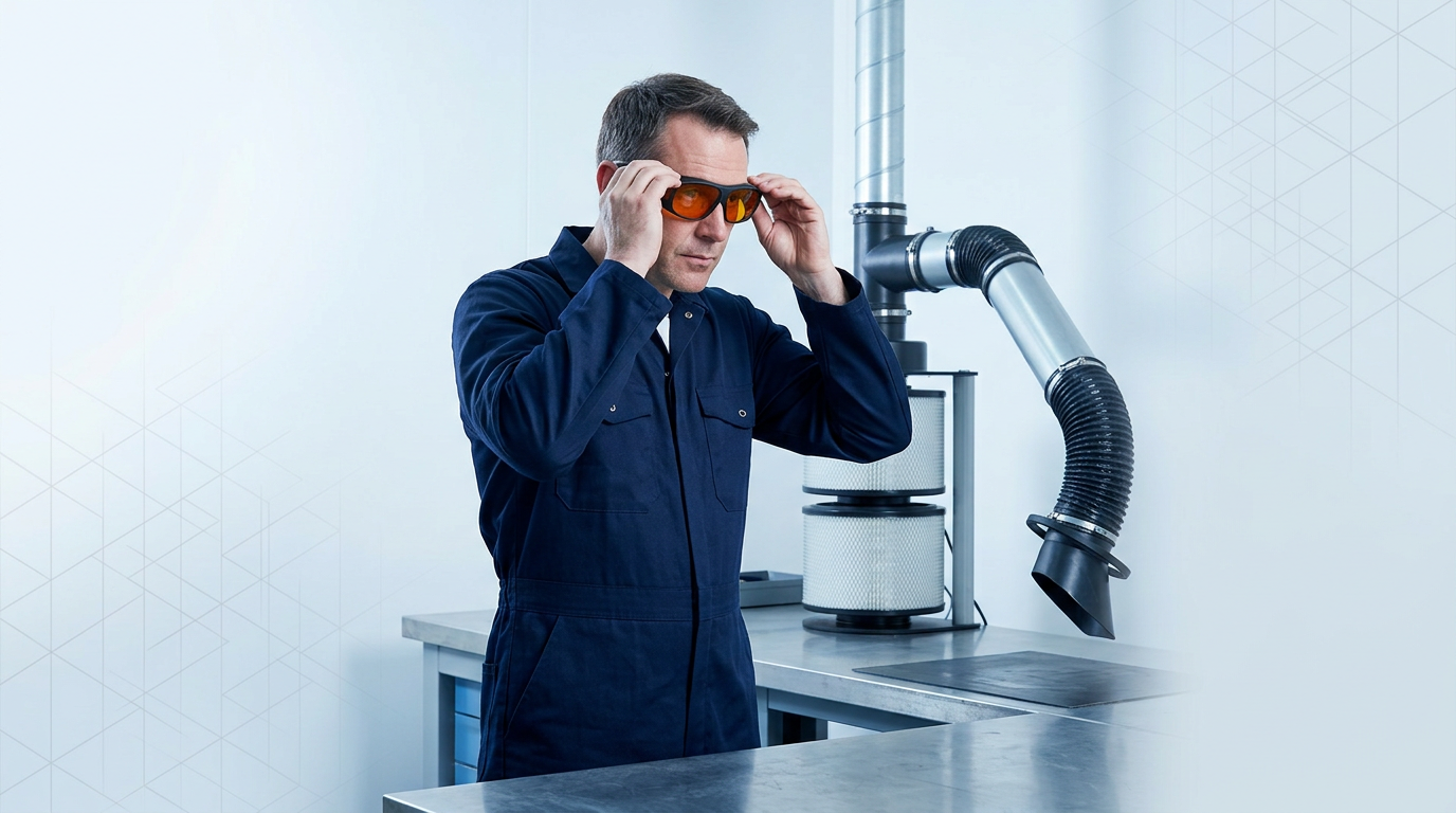 Male engineer in dark navy coveralls donning orange-tinted laser safety eyewear at a bright workshop workbench, with a three-stage fume extraction unit and ducting visible in the background.