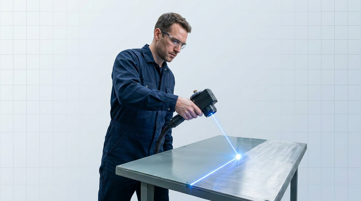 Technician in navy coveralls operating handheld laser cleaning scanner on painted metal surface, showing stark contrast between intact topcoat and cleaned bare metal alongside the laser line.