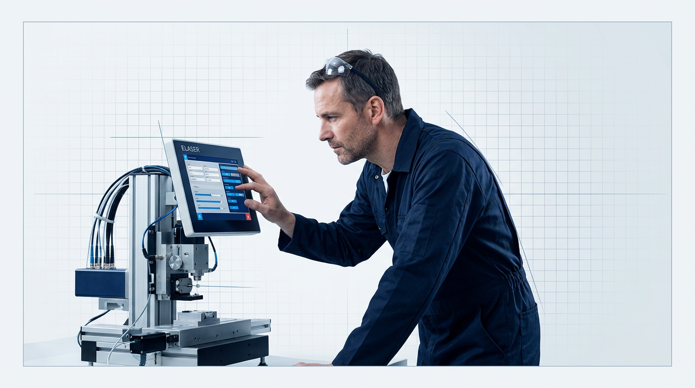 Engineer in navy coveralls adjusting parameters on ELASER machine's touchscreen interface in a bright technical workspace, demonstrating skilled laser paint removal parameter selection.