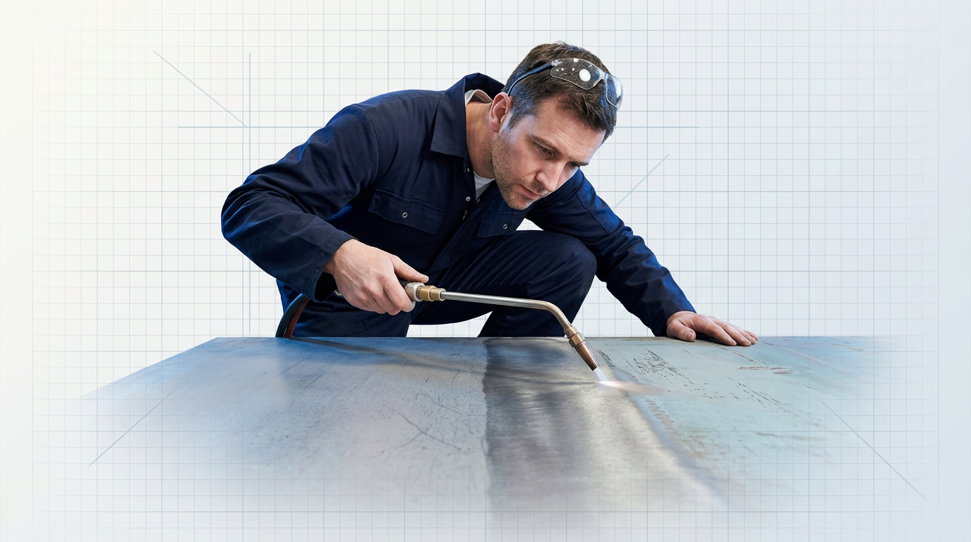 Skilled engineer in navy coveralls leaning over a laser-cleaned steel surface, holding an inspection torch at a low raking angle to examine the cleaned area and detect residual coating.