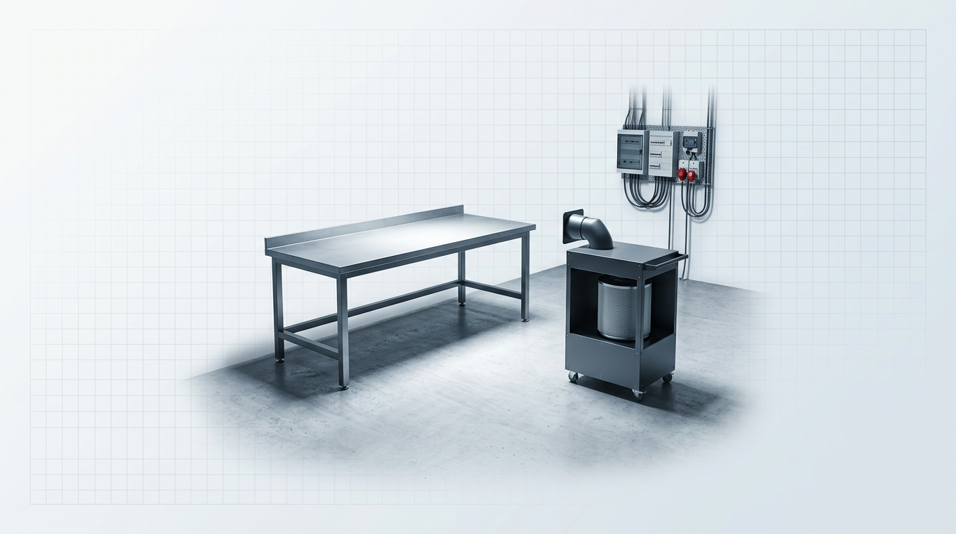 Clean industrial work area with cleared floor space, steel work surface, portable fume extractor positioned near the work zone, and organized electrical supply point visible in background.