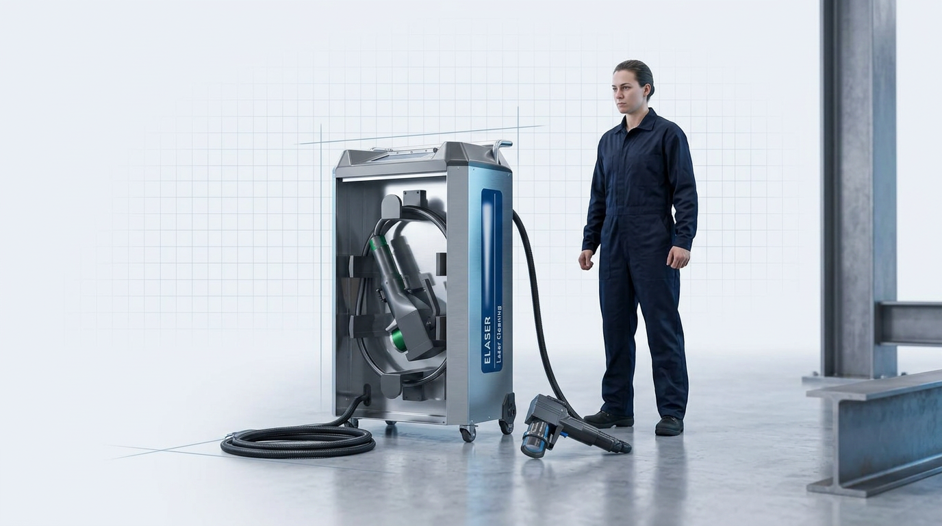 ELASER laser cleaning machine on wheeled trolley with handheld scanner resting beside it in a clean industrial workspace with concrete floor and steel structural elements. A technician in dark navy coveralls stands ready beside the unit.