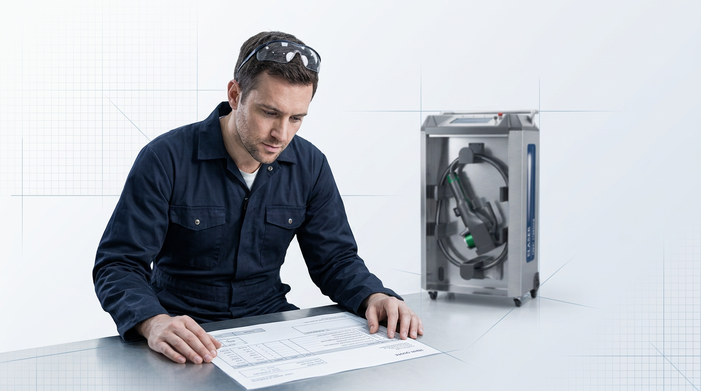 Professional engineer in navy coveralls reviewing a printed quote at a workbench, with a wheeled ELASER laser cleaning unit visible in the background workshop.