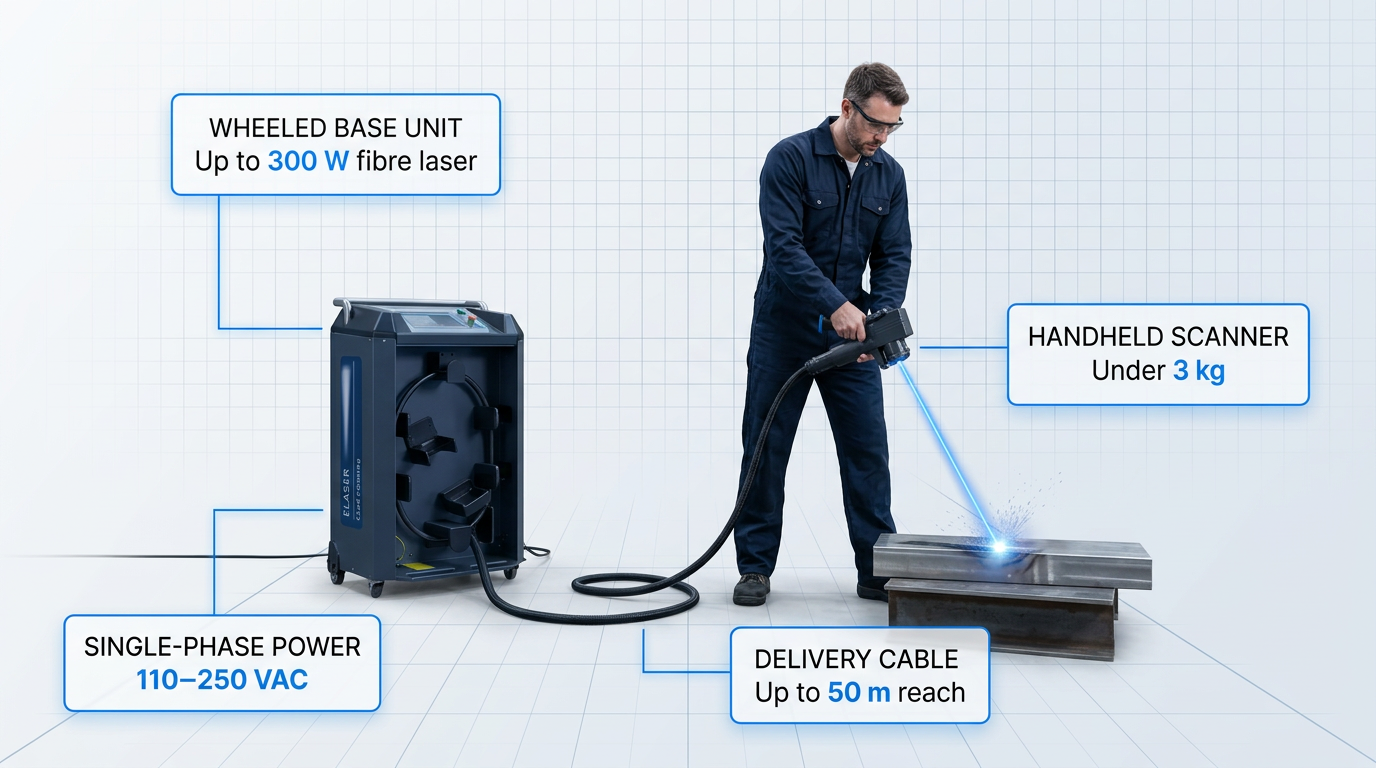 Portable laser cleaning system in operation: wheeled base unit on left, operator in navy coveralls holding handheld scanner directed at metal surface with active blue laser beam, delivery cable extended across floor, annotated with component specifications.