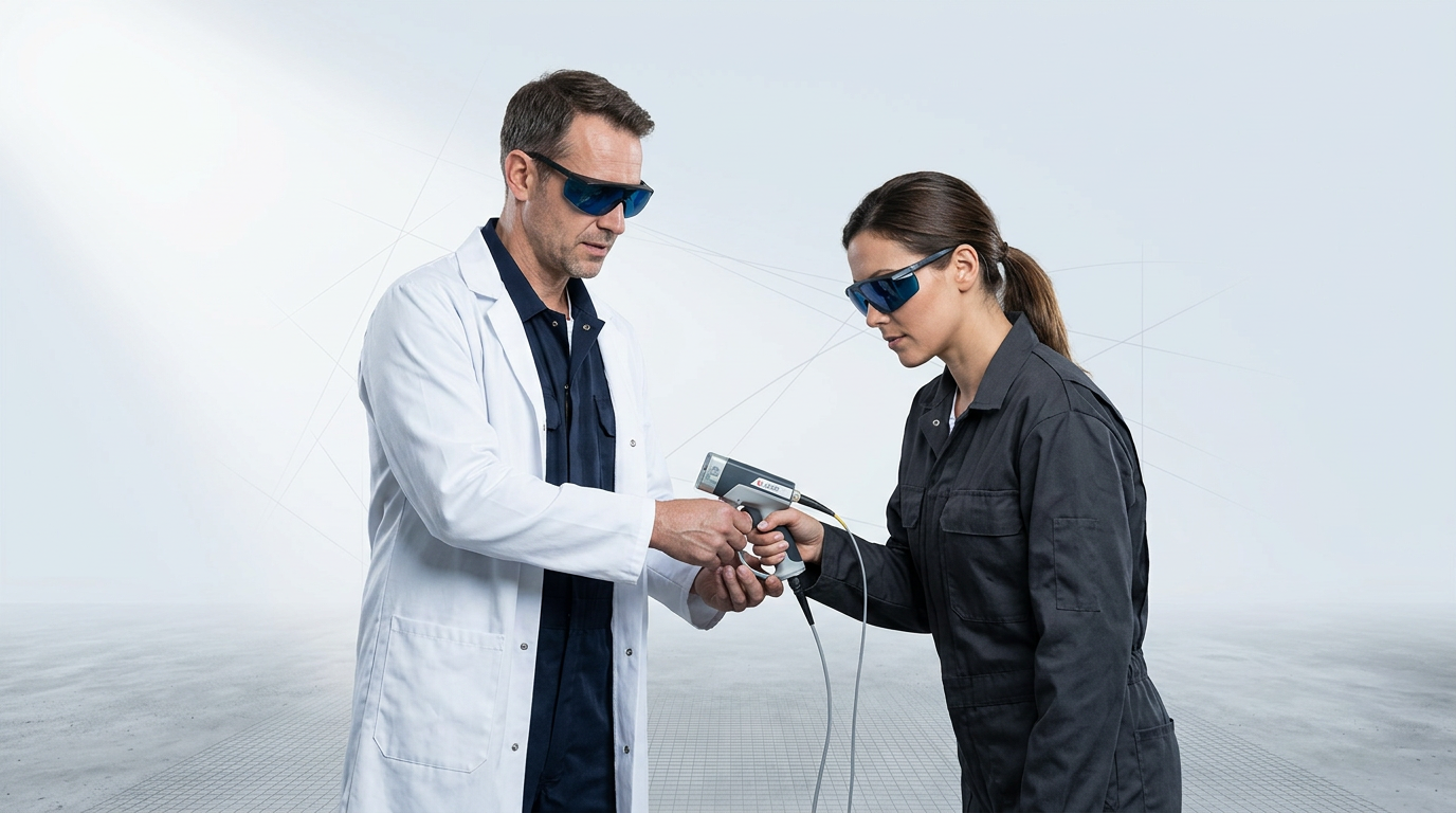 Industrial trainer in navy coveralls and lab coat demonstrates ELASER laser scanner to attentive operator in charcoal coveralls, both wearing wavelength-matched laser protective eyewear in bright workshop setting.