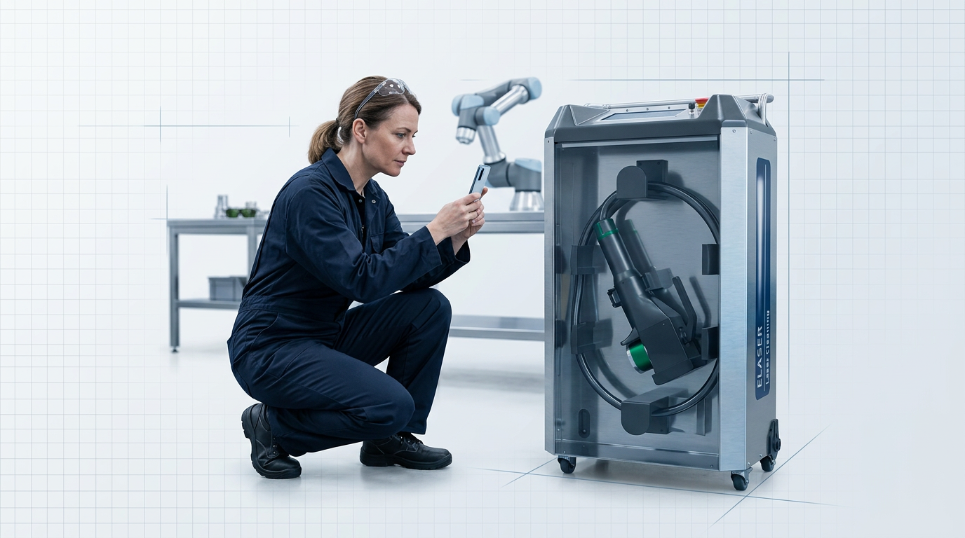 Engineer in dark navy coveralls crouched beside a compact wheeled laser cleaning machine, photographing its condition with a smartphone before collection.