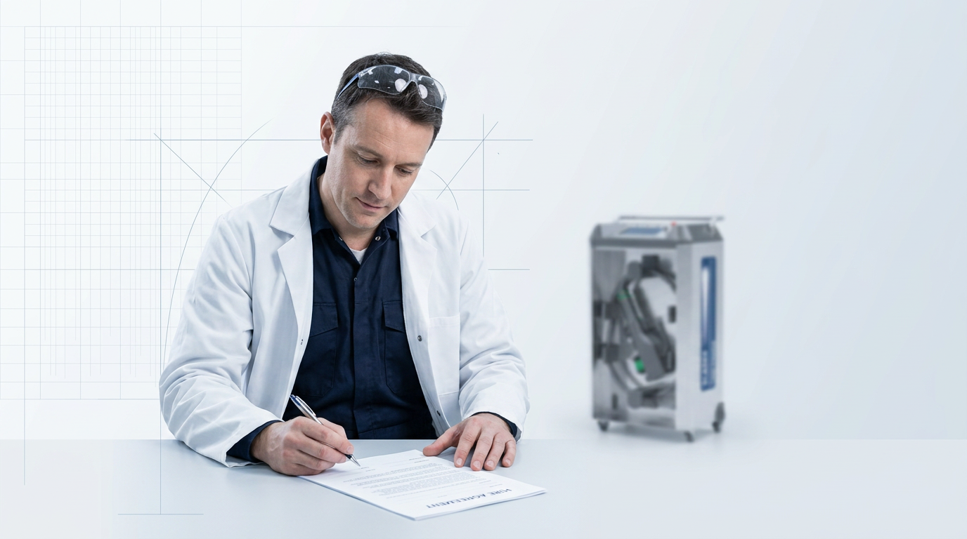 Professional in coveralls and lab coat seated at desk reviewing printed hire agreement document, compact wheeled laser cleaning unit visible out-of-focus in background, clean bright workspace with cool lighting.