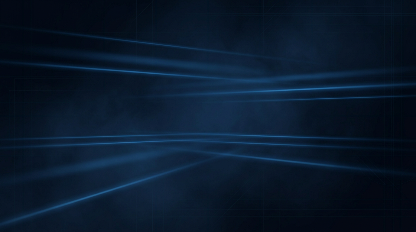 Dark industrial atmosphere with soft electric blue laser beam patterns diffusing through haze, suggesting precision cleaning technology and forward momentum.