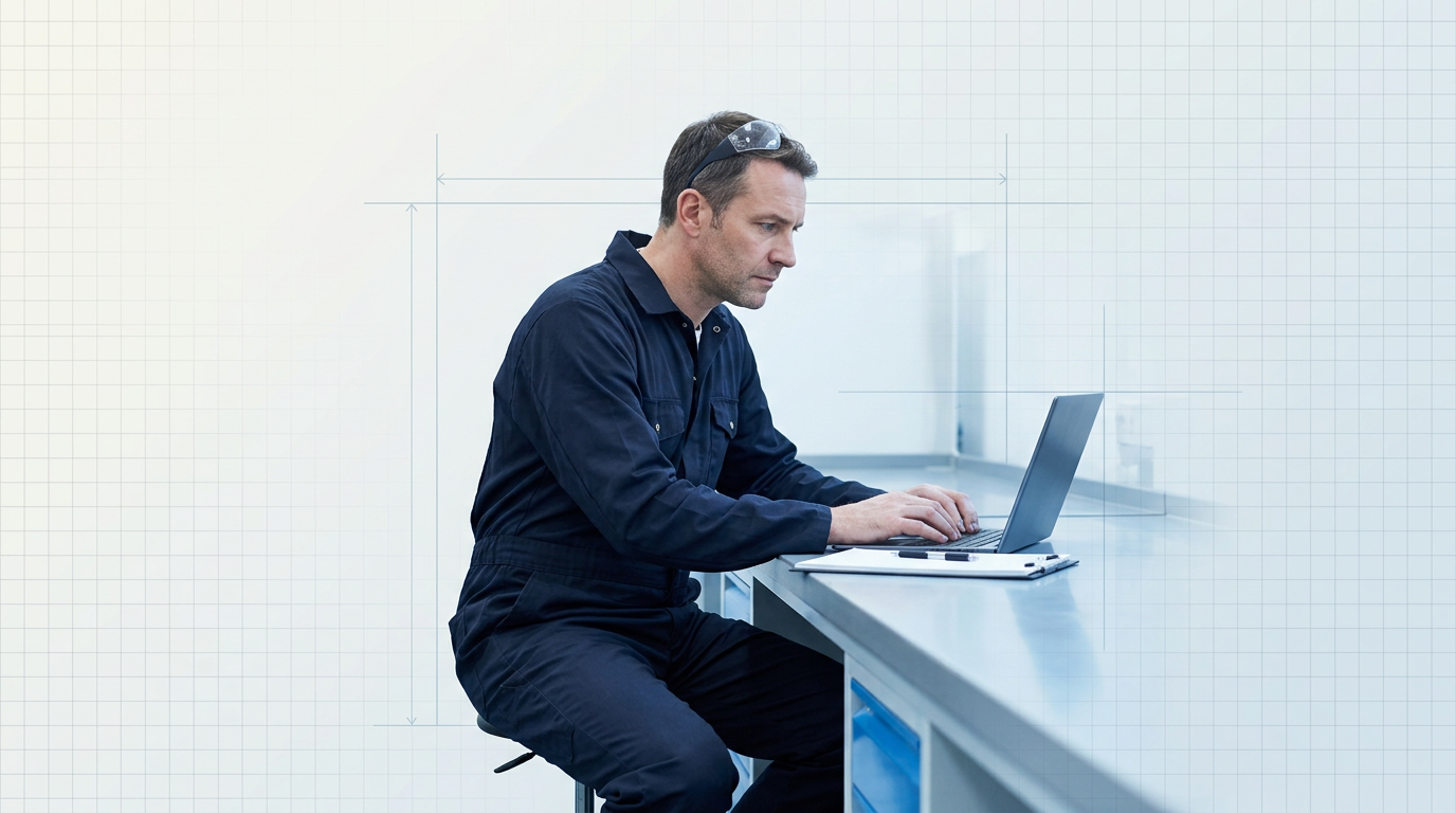 Engineer in navy coveralls seated at industrial workbench, reviewing laptop with notepad beside, focused expression in bright workshop setting.