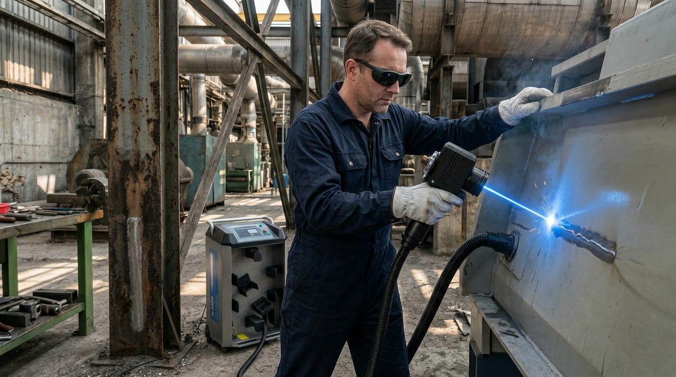 Technician in navy coveralls and protective eyewear guides ELASER handheld laser scanner across painted metal surface in workshop, with portable fume extractor positioned nearby and extraction hose at source.