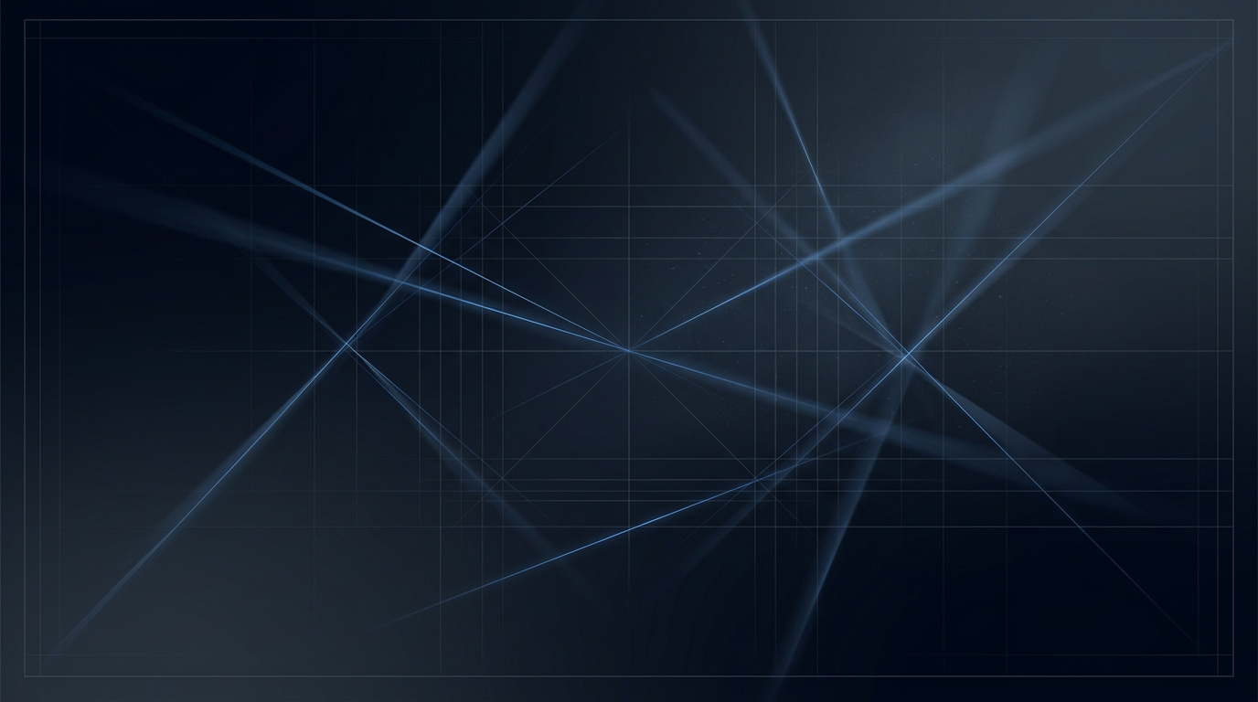 Abstract dark composition with fine electric blue laser beam lines tracing across navy and black tones, suggesting light refraction and precision optical calibration in high-tech laser equipment.