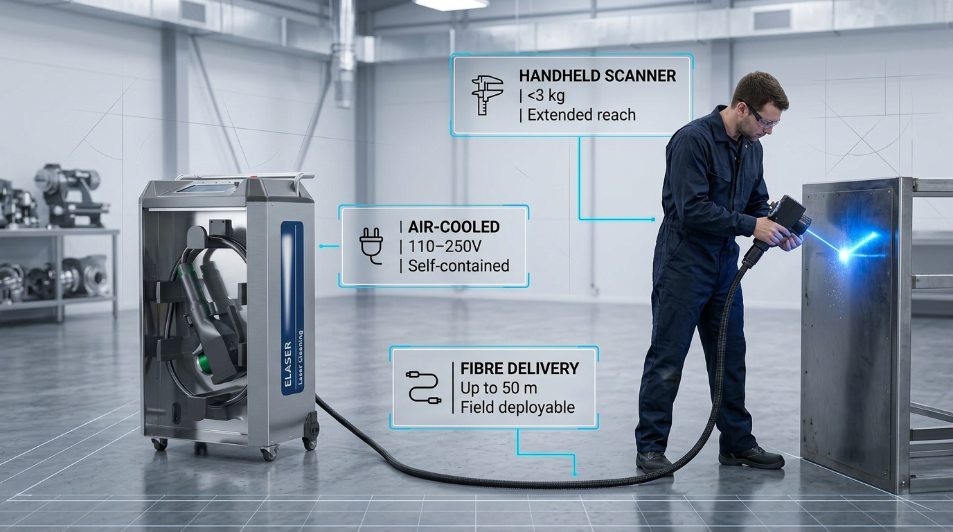 Wheeled ELASER portable laser cleaning system with extended fibre cable and handheld scanner in use by technician on industrial surface, showing compact chassis, cable deployment, and blue laser contact point.