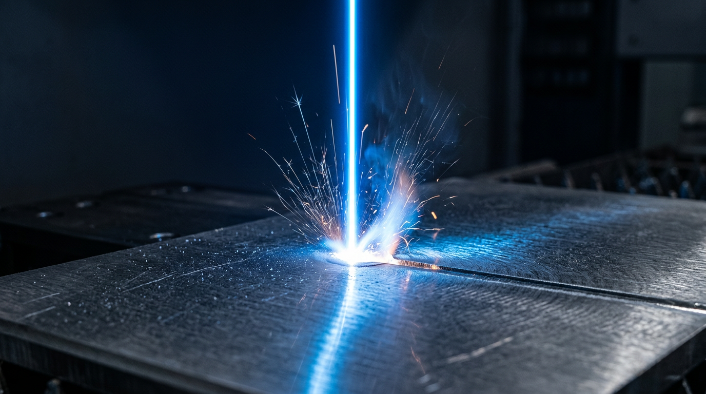 Close-up of a fiber laser beam striking a metal surface with electric blue glow, showing fine machining marks and ablation particles at the contact point.