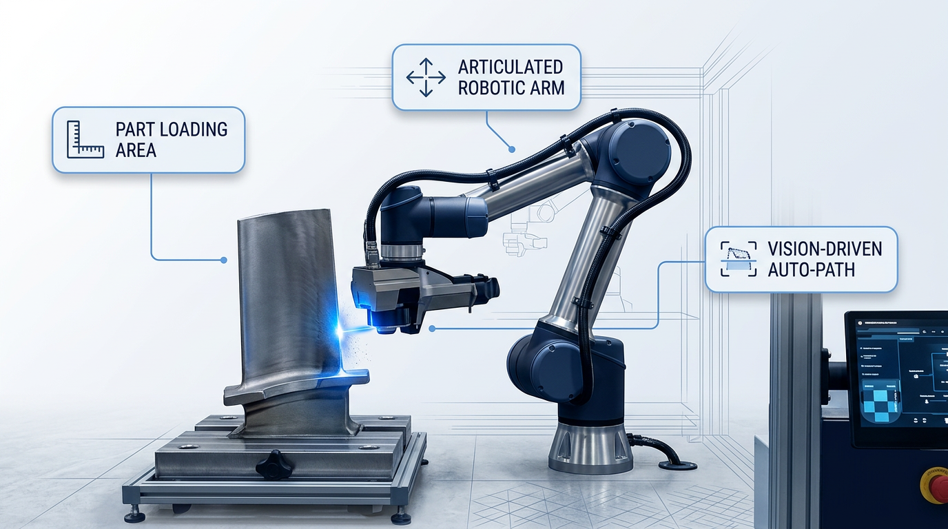 AutoLASE robotic laser cleaning system in industrial facility showing articulated arm with laser head engaged on a metal component, part-loading tray on left, control panel on right.