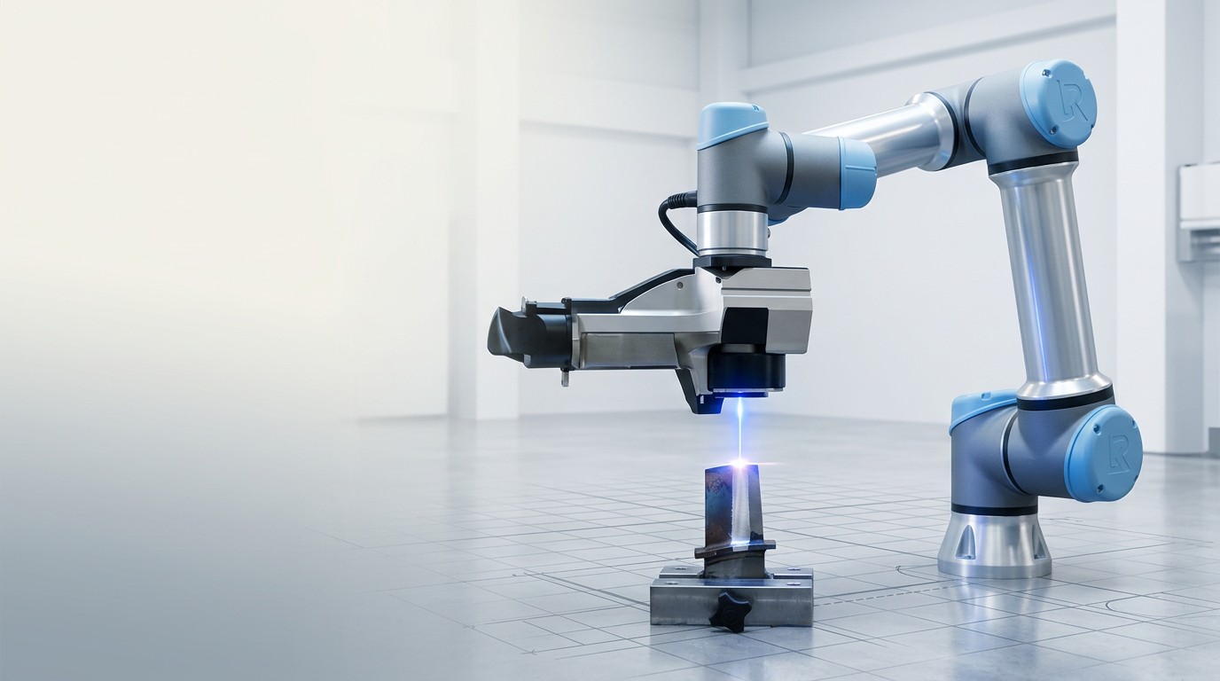 Modern industrial facility with automated robotic arm in mid-motion, bright even lighting, polished concrete floor with geometric grid pattern, clean white walls and clinical workspace atmosphere.