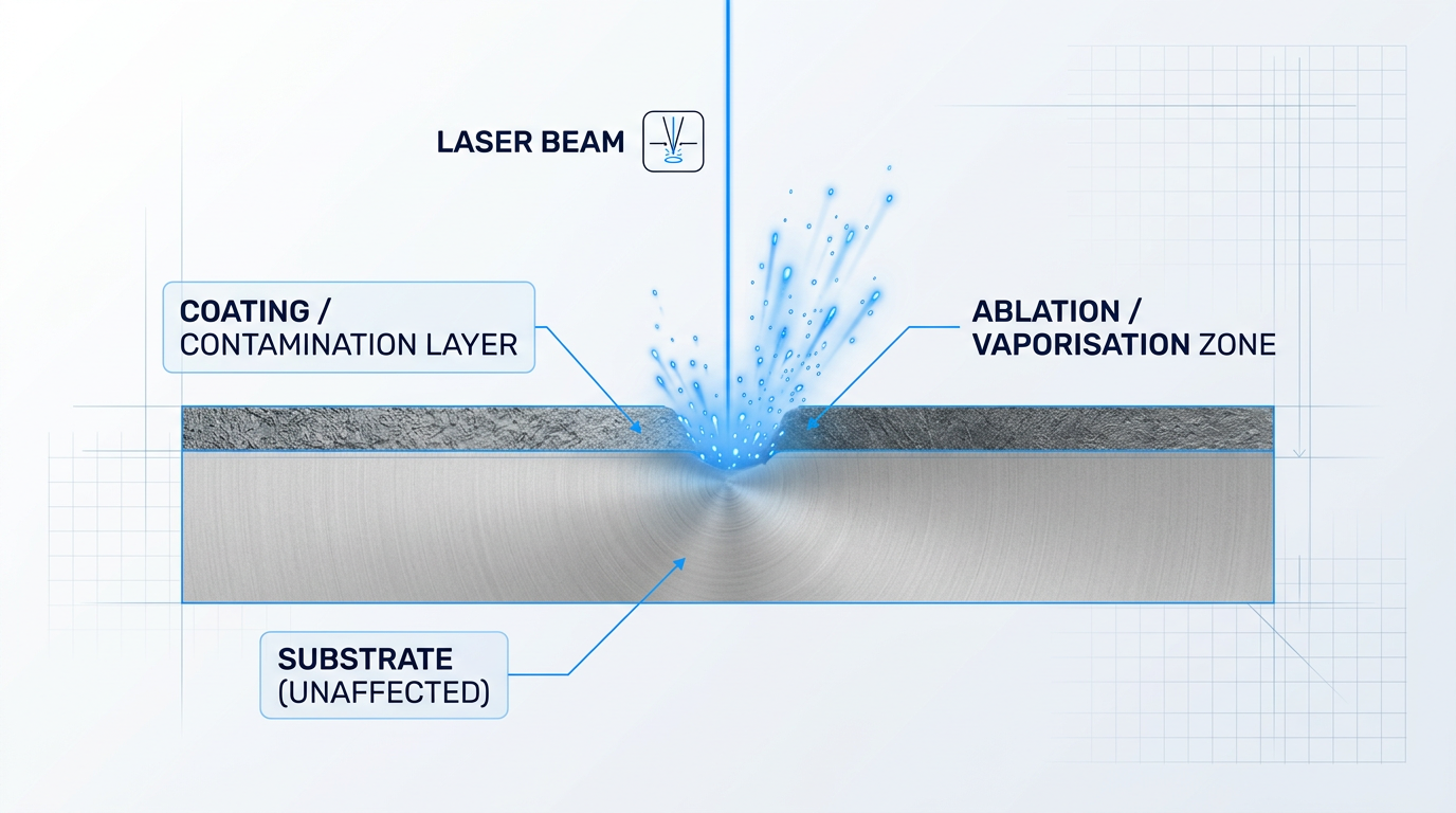 Cross-section diagram of laser ablation showing laser beam striking a contamination layer above substrate, with vaporisation particles ejecting upward while substrate remains intact below.