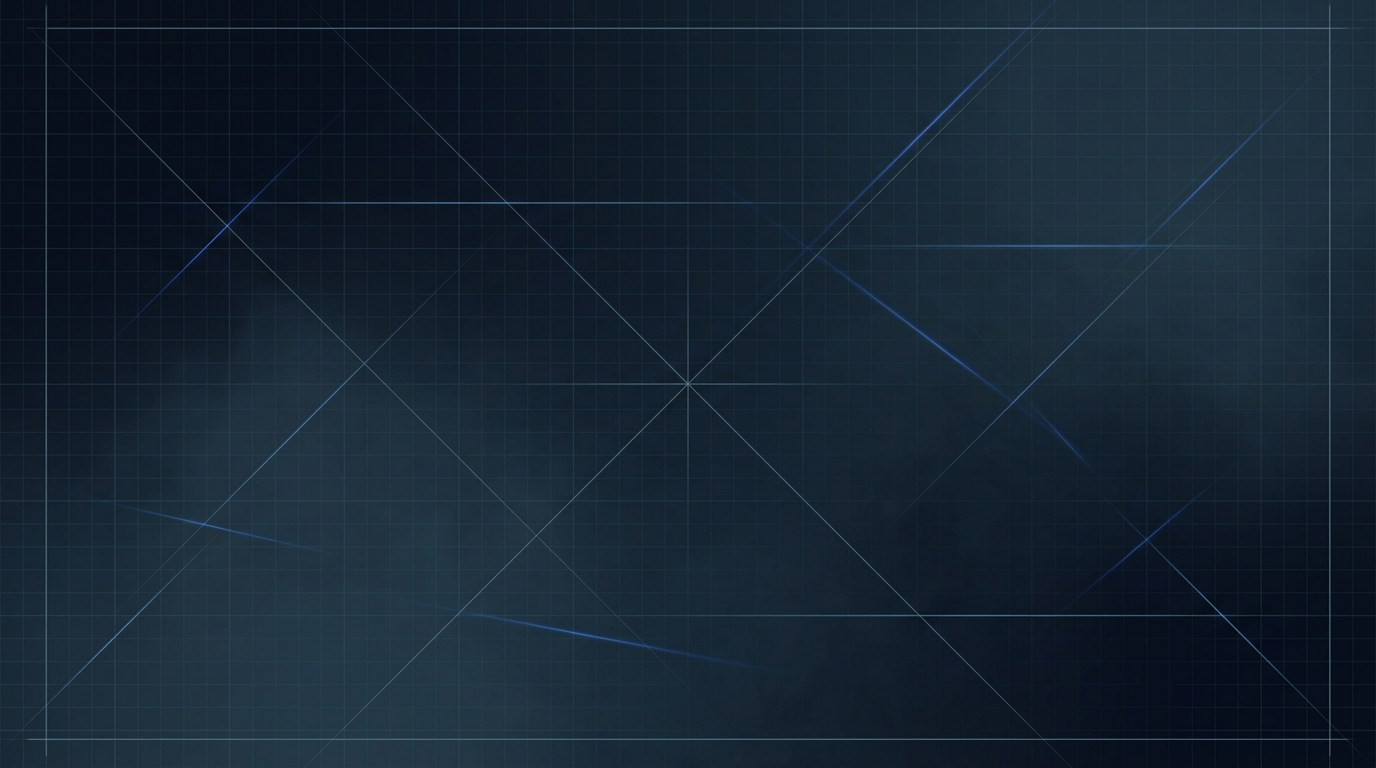 Dark industrial environment with geometric grid patterns, thin blue-grey construction lines, and subtle electric blue laser beam traces suggesting active precision laser technology in an enclosed manufacturing space.
