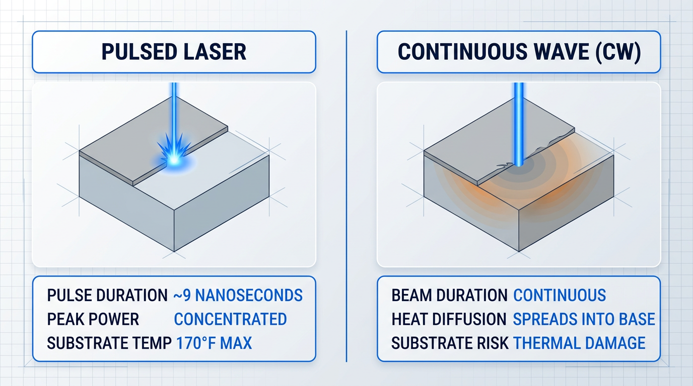 Side-by-side comparison of pulsed vs continuous wave laser operation: pulsed laser removes coating cleanly at 9 nanoseconds with substrate temperature at 170°F max; continuous wave laser spreads heat diffusion into substrate causing thermal damage.