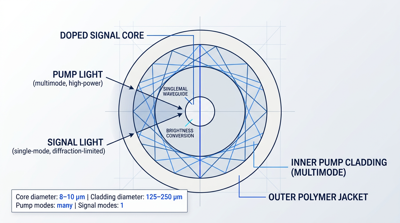 Cross-sectional diagram of double-clad fibre showing three concentric regions: doped signal core at centre with single-mode waveguide, inner pump cladding with multimode ray paths crossing through core, outer polymer jacket. Pump light enters from left in many modes; signal light in single mode.
