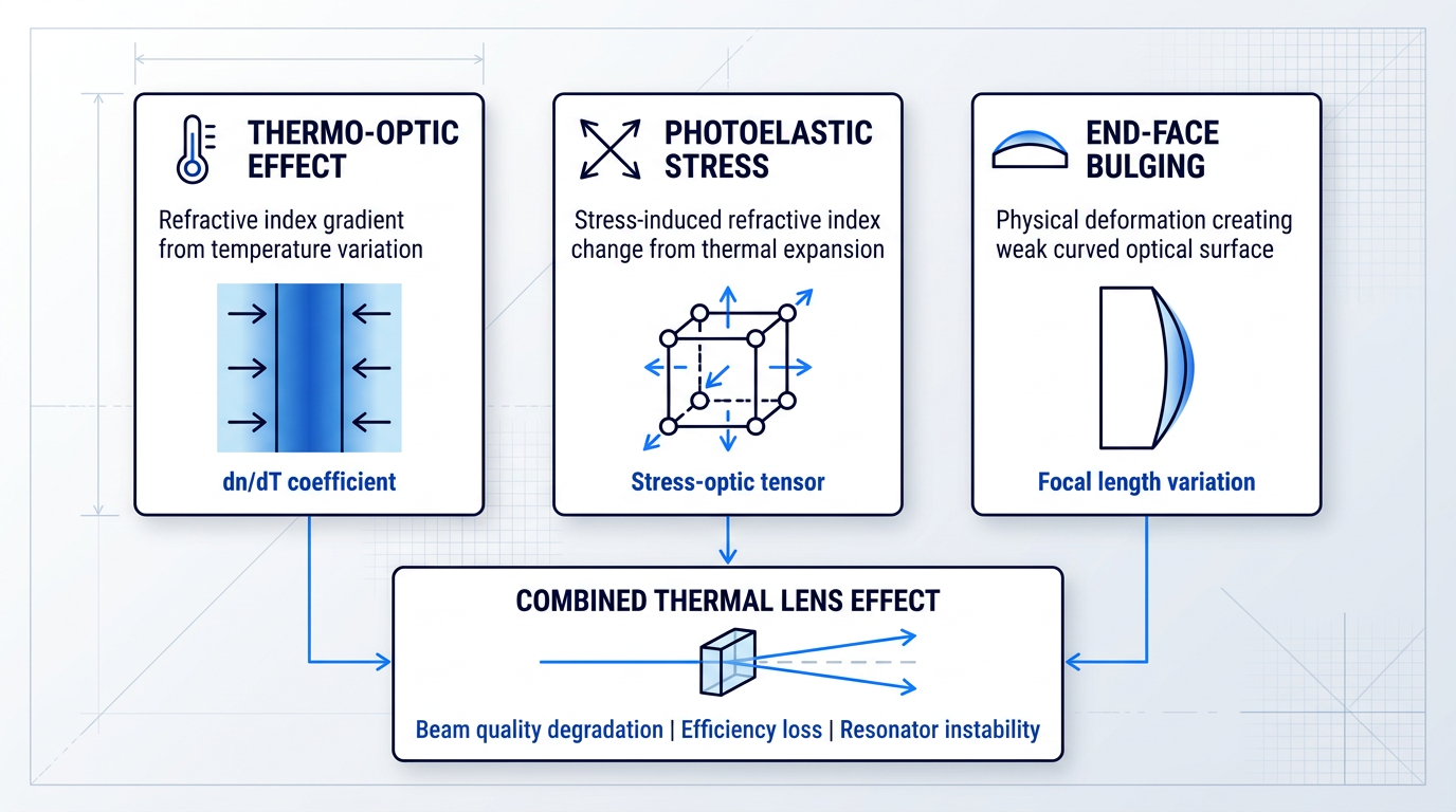 Three-column infographic showing thermal lensing mechanisms: thermo-optic effect with temperature gradient, photoelastic stress with strain fields, and end-face bulging with surface deformation, converging to show combined beam deflection through a crystal.