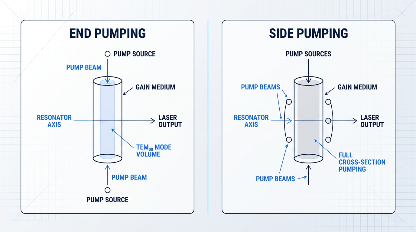 Side-by-side comparison of end pumping and side pumping geometries showing pump beam paths relative to the resonator axis and gain medium, with spatial overlap regions highlighted.