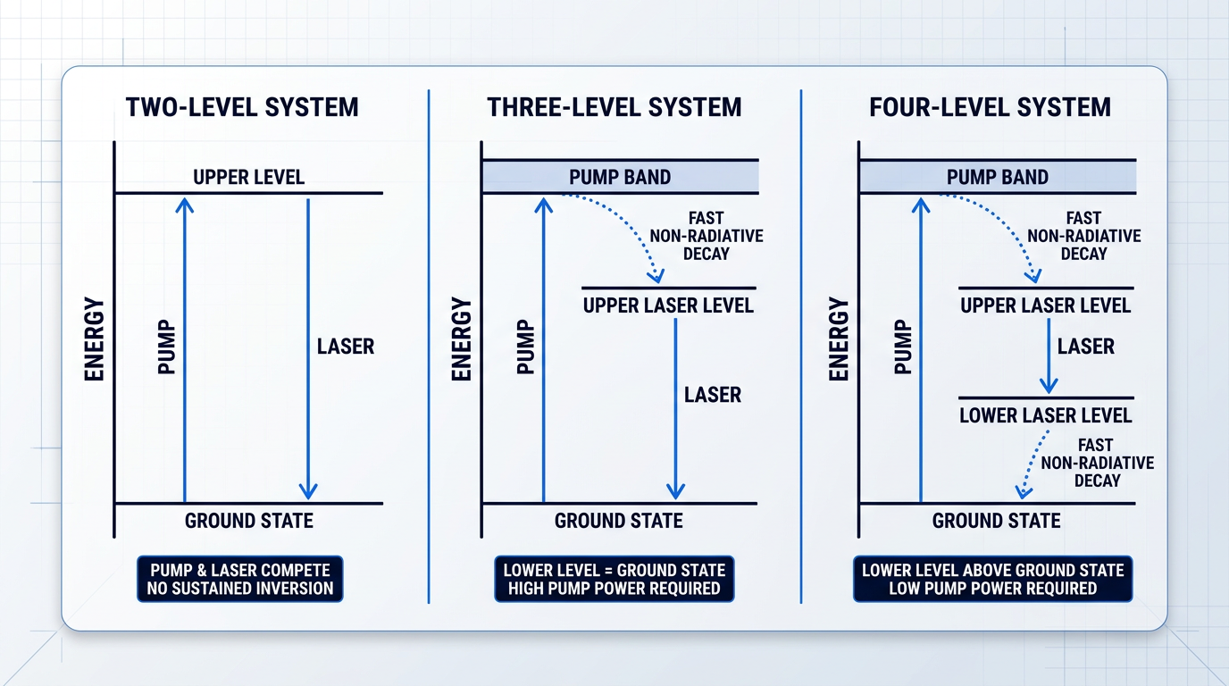 Three-column energy-level diagram comparing two-level, three-level, and four-level laser architectures, showing pump transitions, non-radiative decay pathways, and laser transitions with annotations explaining pump power requirements.