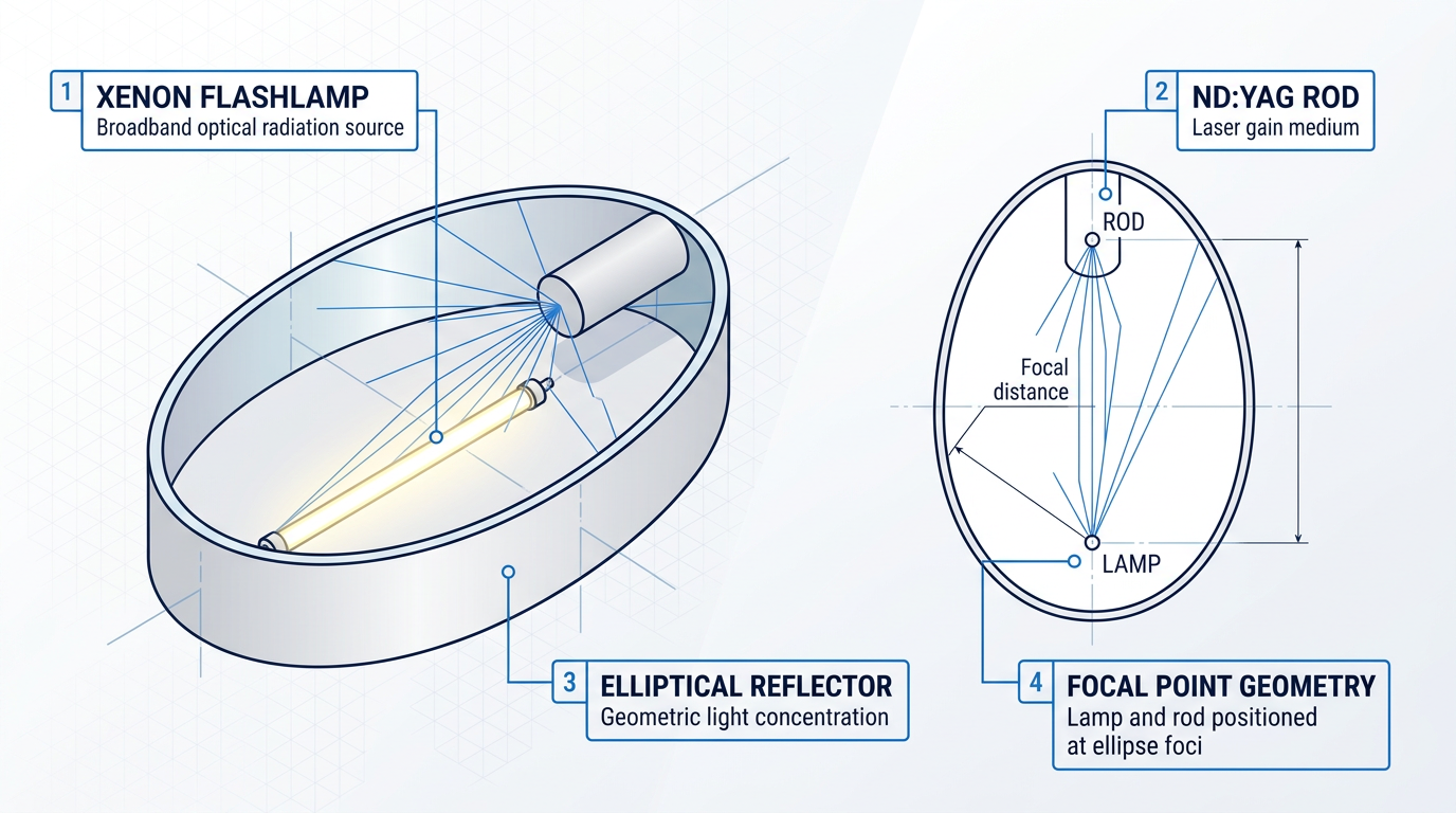 Cross-sectional diagram of an elliptical reflective pump cavity showing a xenon flashlamp at one focal point and an Nd:YAG laser rod at the other, with electric blue rays illustrating light concentration geometry.