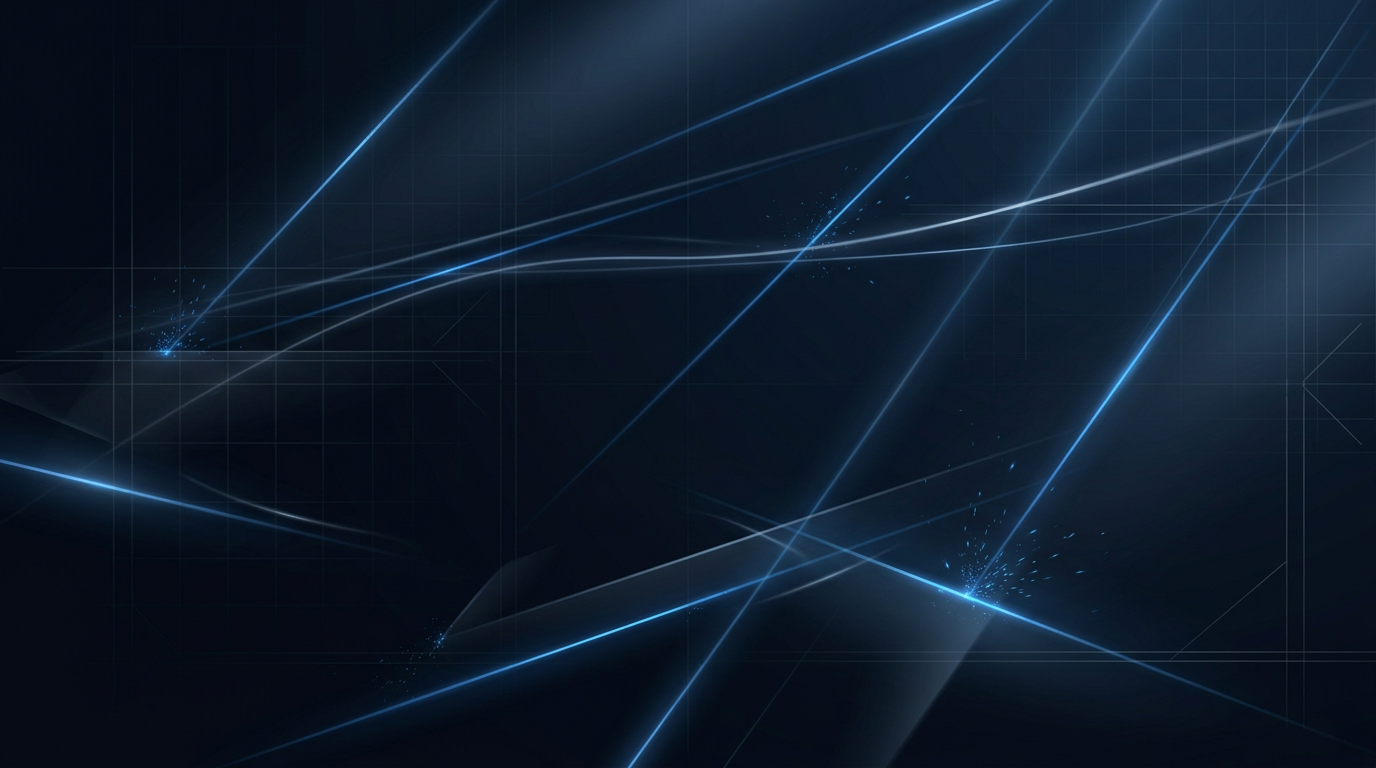 Abstract dark industrial background with electric blue laser beams cutting diagonally across composition, subtle geometric grid patterns, and glowing particle effects suggesting precision laser technology.