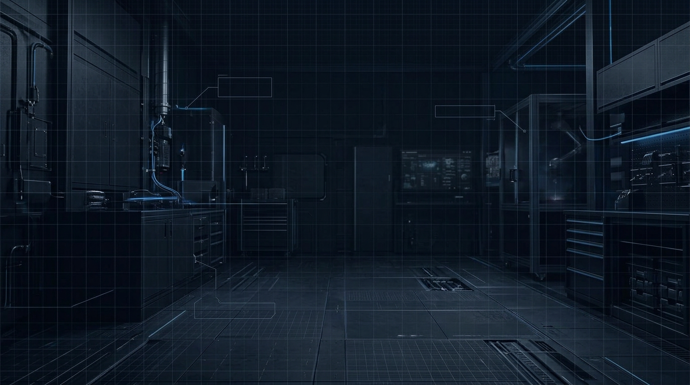 Dark industrial workspace with deep navy and charcoal tones, subtle geometric grid pattern, thin blue-grey construction lines, and controlled electric blue accent lighting suggesting laser technology and precision engineering.